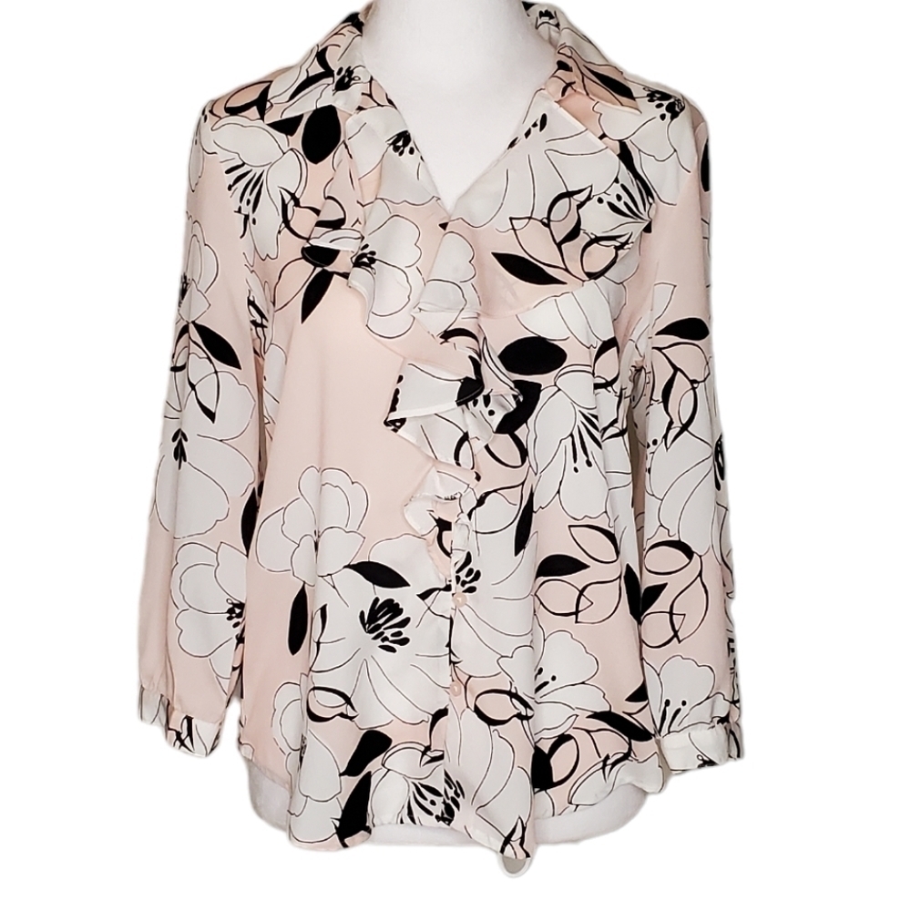 Karl Lagerfeld Floral Ruffled Neckline Blouse, 3/4 Length Sleeves Sz SP,  Pink
